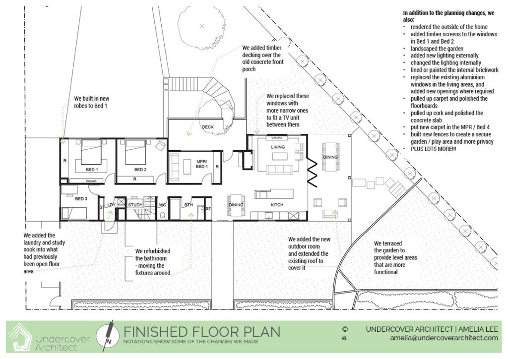 This is the floor plan we ended up with - with some notations about what changes were made. Click to enlarge. (The existing internal walls we demolished are not shown on this plan - they were roughly where the new kitchen island bench is - and they divided the kitchen from the living space.)